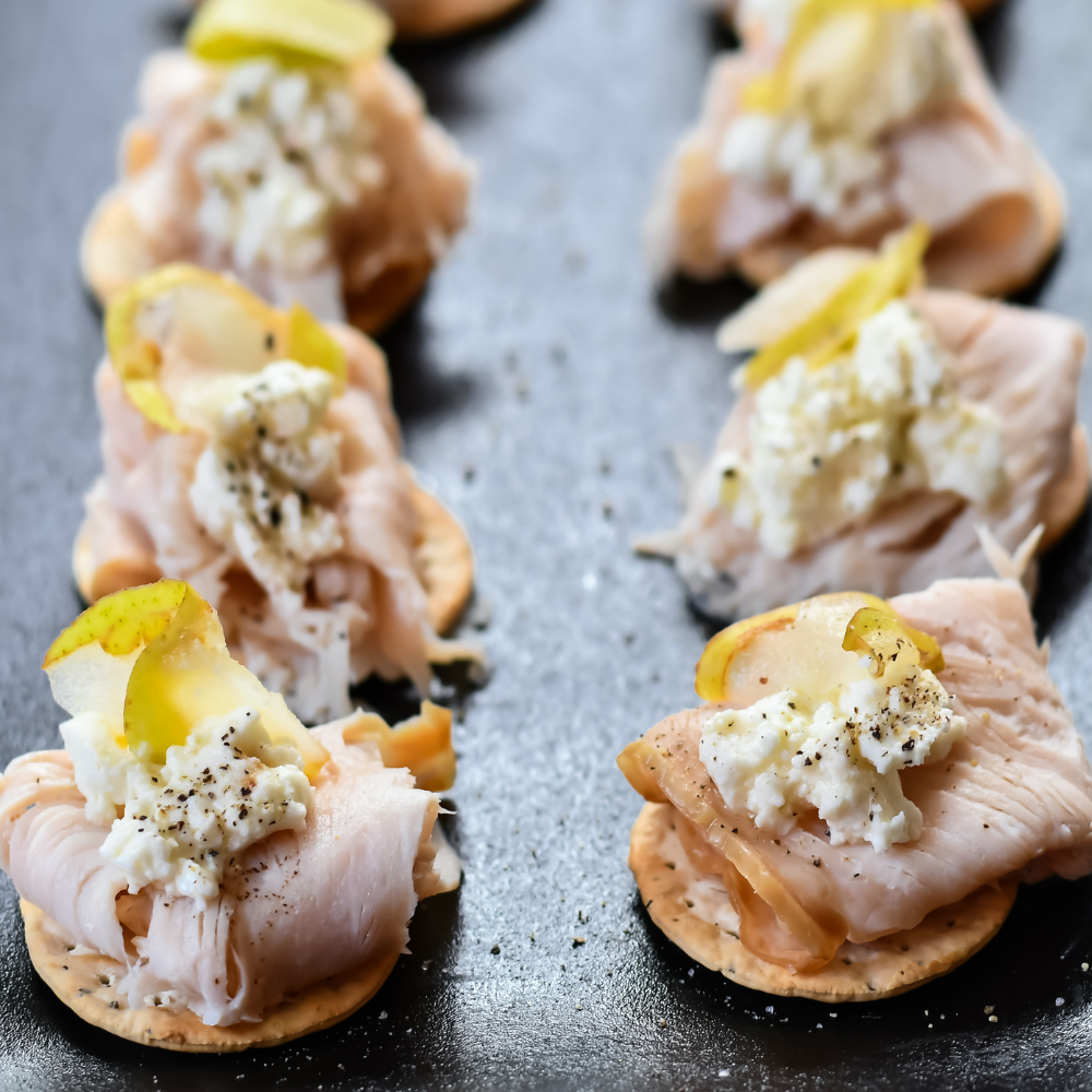 Recipe : Oven Roasted Turkey, Pear and Goats Cheese on Crostini
